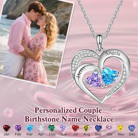 Personnalisé en forme de coeur nom de naissance Couple collier-longueur de chaîne réglable