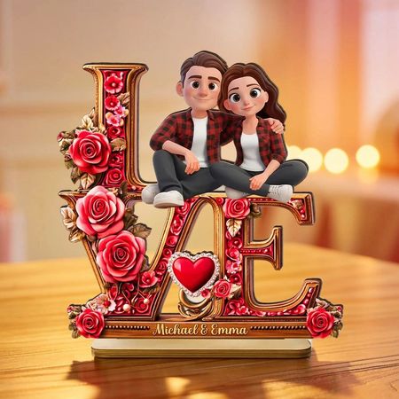 Plaque en bois personnalisé avec Cartoon Couple assis sur des Roses d'amour-cadeau romantique Unique pour elle ou lui