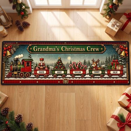 Tapis de Noël personnalisé avec train familial – Nom de famille et prénoms sur les wagons