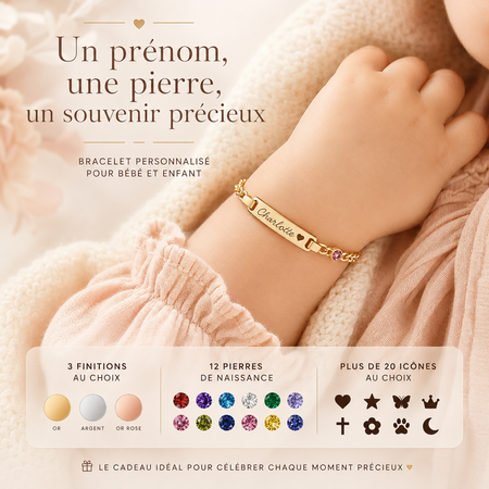 Bracelet prénom bébé personnalisé avec pierre de naissance – Cadeau naissance, baptême & anniversaire
