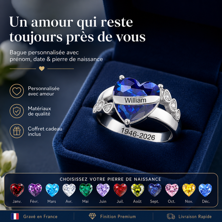 Bague Souvenir Personnalisée avec Pierre de Naissance – Nom & Date Gravés – Cadeau Éternel pour Garder un Être Cher Près de Soi