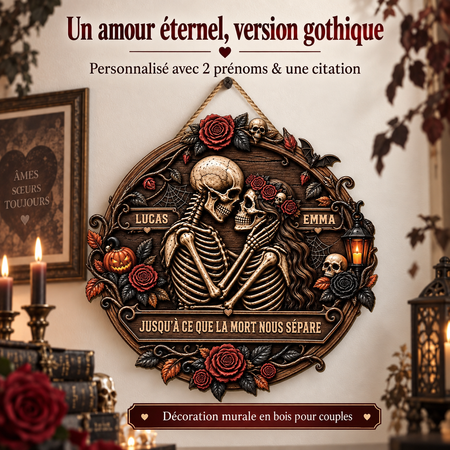 Décoration murale gothique personnalisée pour couple – Plaque en bois squelette avec 2 prénoms et citation d'amour