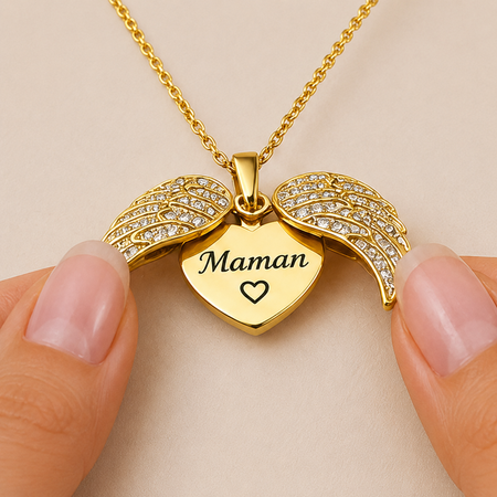 Collier personnalisé avec des ailes d'ange et un prénom gravé à l'intérieur — un bijou souvenir pour garder vos proches près de votre cœur