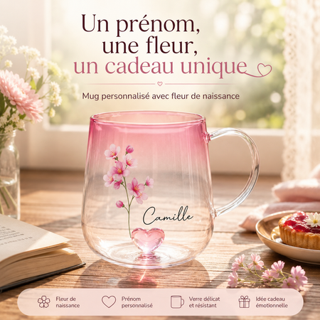 Mug en verre rose dégradé personnalisé avec fleur de naissance et prénom – Cadeau floral pour maman, mamie, sœur ou amie