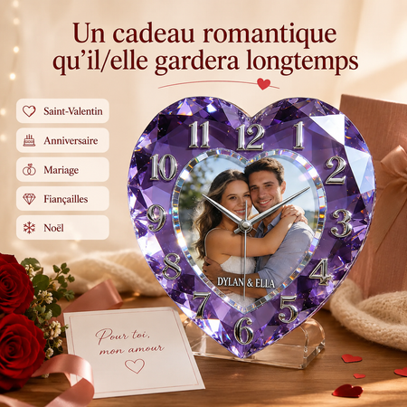 Horloge murale photo personnalisée effet cristal – Cadeau romantique avec prénom pour couple