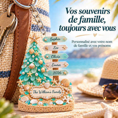 Porte-clés famille personnalisé thème plage en acrylique – Nom de famille et prénoms