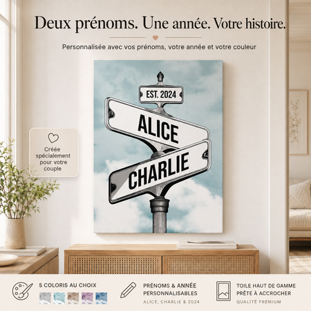 Toile personnalisée Panneaux de Rue Vintage avec 2 Prénoms & Année – Cadeau de Couple