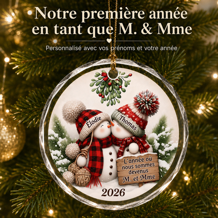 Ornement de Noël personnalisé pour jeunes mariés – Prénoms et année de mariage, souvenir de notre première année en tant que M. & Mme