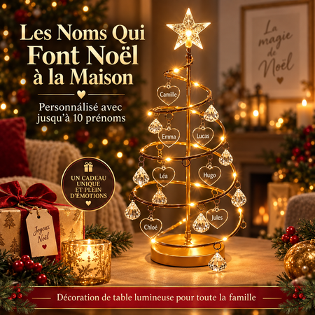Arbre de Noël lumineux personnalisé avec prénoms – Décoration de table festive avec 1 à 10 noms de famille