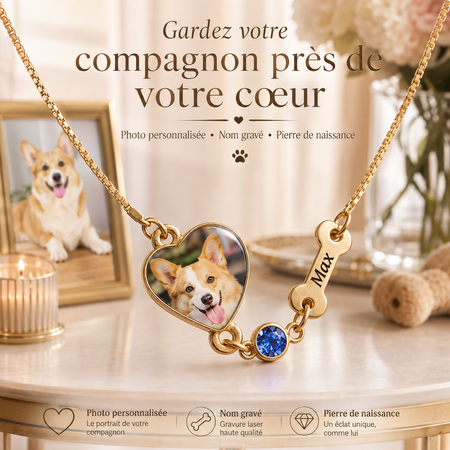 Collier personnalisé pour animal de compagnie avec photo, prénom gravé et pierre de naissance – Bijou souvenir pour chien et chat
