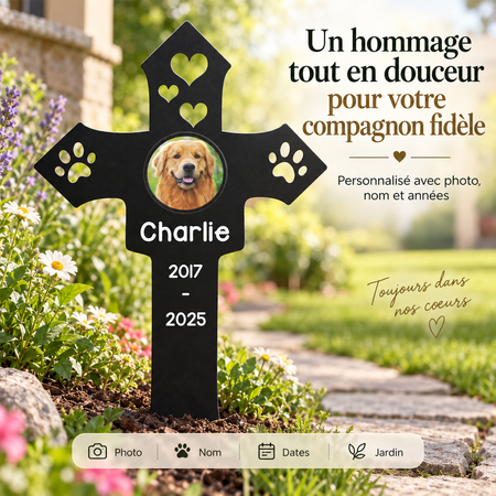 Piquet Commémoratif Personnalisé pour Animal avec Photo – Croix de Jardin en Acier Inoxydable avec Nom et Dates