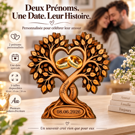 Plaque en Bois Personnalisée Arbre de Vie & Cœurs – 2 Prénoms et Date, Souvenir Romantique pour Couple, Mariage & Anniversaire