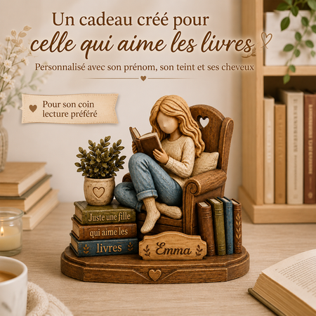 Figurine en Bois Personnalisée pour Lectrice – Prénom, Teint & Couleur de Cheveux – Cadeau pour Amoureuse des Livres