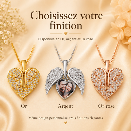 Collier photo personnalisé ailes d'ange en cœur  Médaillon ouvrant avec photo cachée, cadeau souvenir d'amour et de mémoire