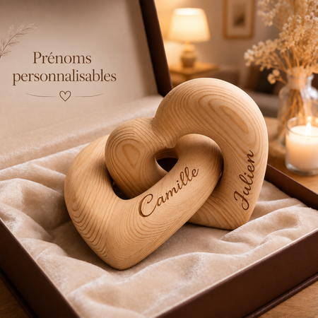 Sculpture Amour Infini personnalisée en bois – Cadeau romantique pour couple avec deux prénoms gravés, décoration maison, mariage et anniversaire de couple
