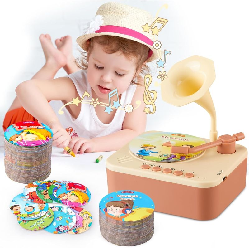 🔥Toddler Gramophone Musica Toys - Player Audio Books for Kids, 99 Cards Stories Songs Phonograph Record, Gift for Boys and Girls (Cozy Brown)🔥