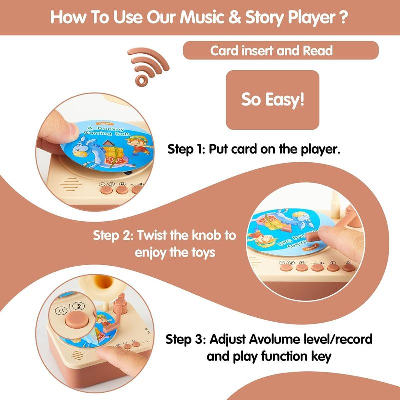 🔥Toddler Gramophone Musica Toys - Player Audio Books for Kids, 99 Cards Stories Songs Phonograph Record, Gift for Boys and Girls (Cozy Brown)🔥