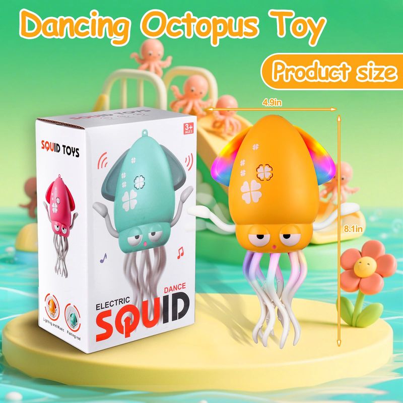 🔥Electric Dancing Octopus Toys with Auto-Avoidance - Crawling & Dancing Baby Toy with LED Lights, Music, Fishing Rod & USB Charging, Perfect Sensory Toy for Tummy Time & Toddler Play (Yellow)
