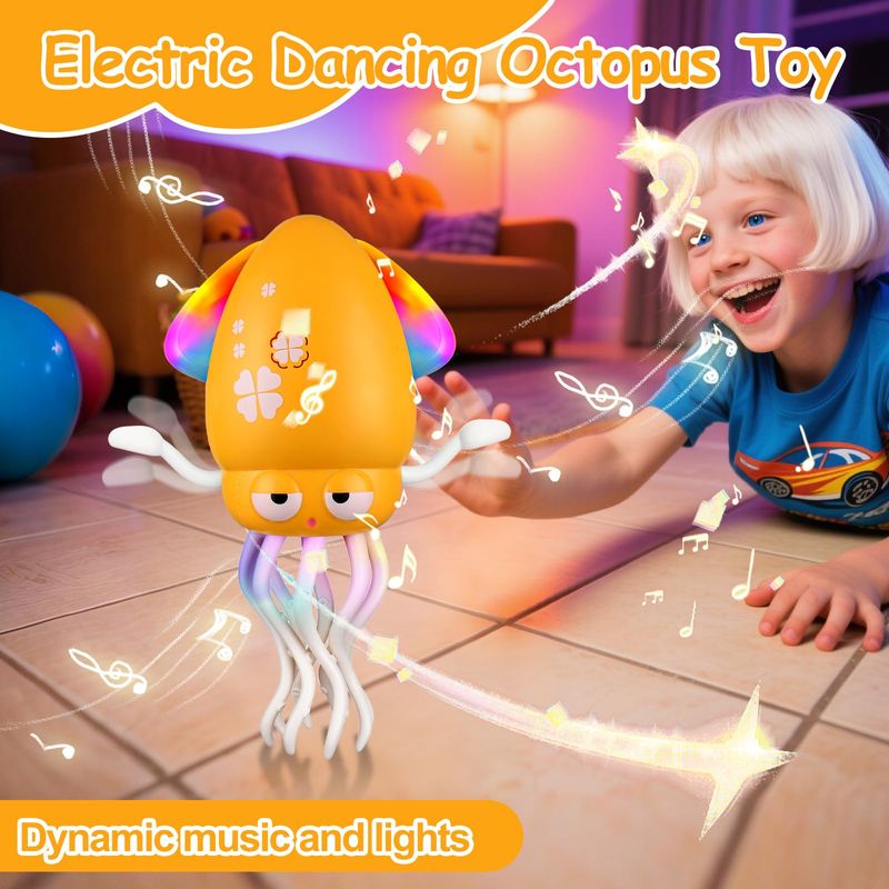 🔥Electric Dancing Octopus Toys with Auto-Avoidance - Crawling & Dancing Baby Toy with LED Lights, Music, Fishing Rod & USB Charging, Perfect Sensory Toy for Tummy Time & Toddler Play (Yellow)