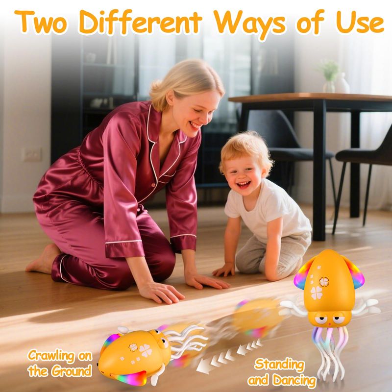 🔥Electric Dancing Octopus Toys with Auto-Avoidance - Crawling & Dancing Baby Toy with LED Lights, Music, Fishing Rod & USB Charging, Perfect Sensory Toy for Tummy Time & Toddler Play (Yellow)