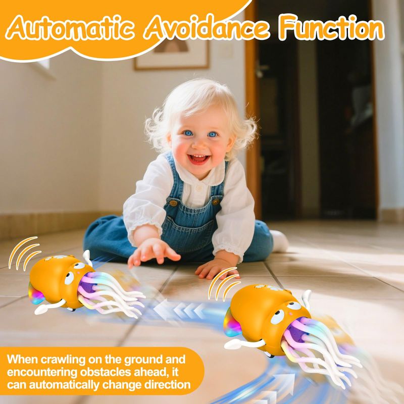 🔥Electric Dancing Octopus Toys with Auto-Avoidance - Crawling & Dancing Baby Toy with LED Lights, Music, Fishing Rod & USB Charging, Perfect Sensory Toy for Tummy Time & Toddler Play (Yellow)