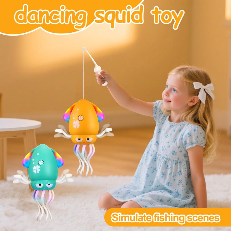 🔥Electric Dancing Octopus Toys with Auto-Avoidance - Crawling & Dancing Baby Toy with LED Lights, Music, Fishing Rod & USB Charging, Perfect Sensory Toy for Tummy Time & Toddler Play (Yellow)