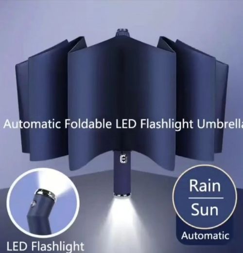 Led Automatic Open Close Three-folding Umbrella With Flashlight for Night Travel