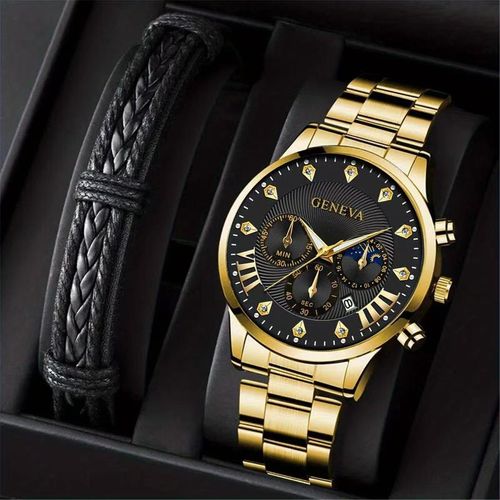 Men's Brown PU Strap Casual Quartz Watch and Bangle Set, Ideal For Gifts