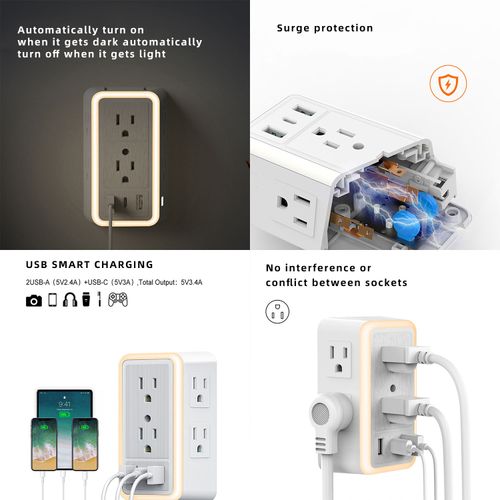 rotector Outlet Extender with USB C Multi Plug Outlet and Smart Night Light