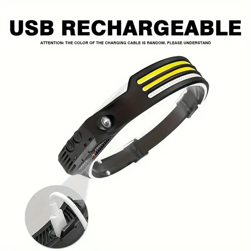 A LEDCOB USB rechargeable headlight with sensor for climbing,  headbands, waterproof, portable emergency work light, suitable for running, fishing, camping, hiking, standard battery power, 400mAh lithium battery