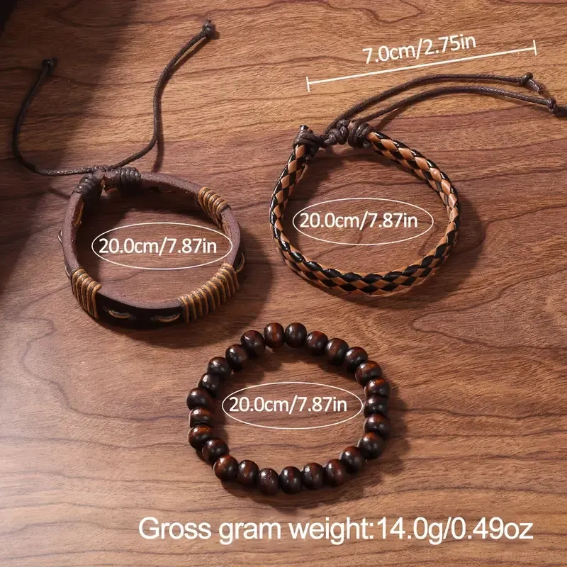 Men's Brown PU Strap Casual Quartz Watch and Bangle Set, Ideal For Gifts