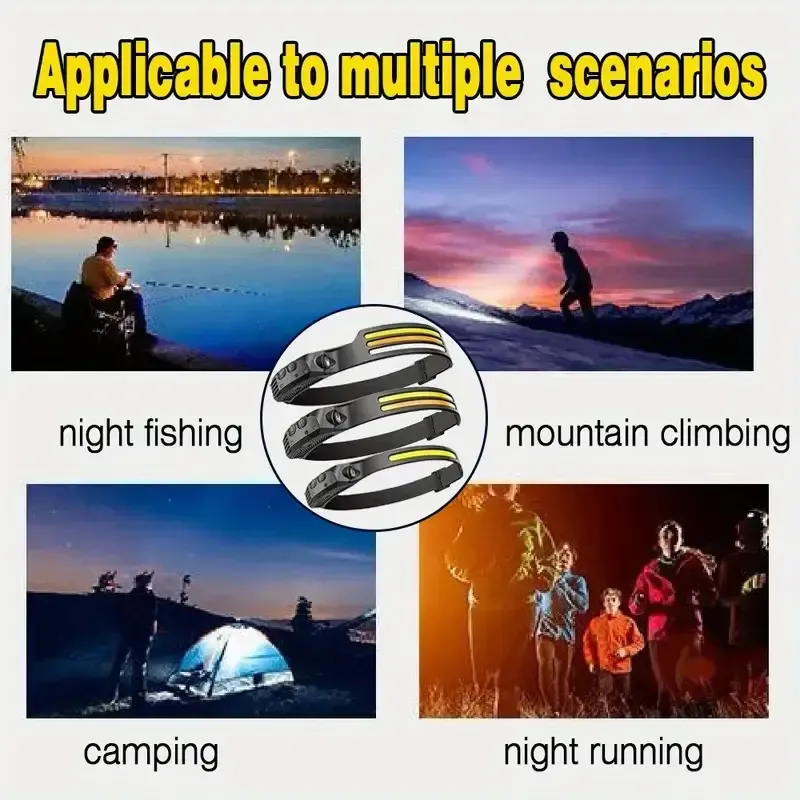 A LEDCOB USB rechargeable headlight with sensor for climbing,  headbands, waterproof, portable emergency work light, suitable for running, fishing, camping, hiking, standard battery power, 400mAh lithium battery