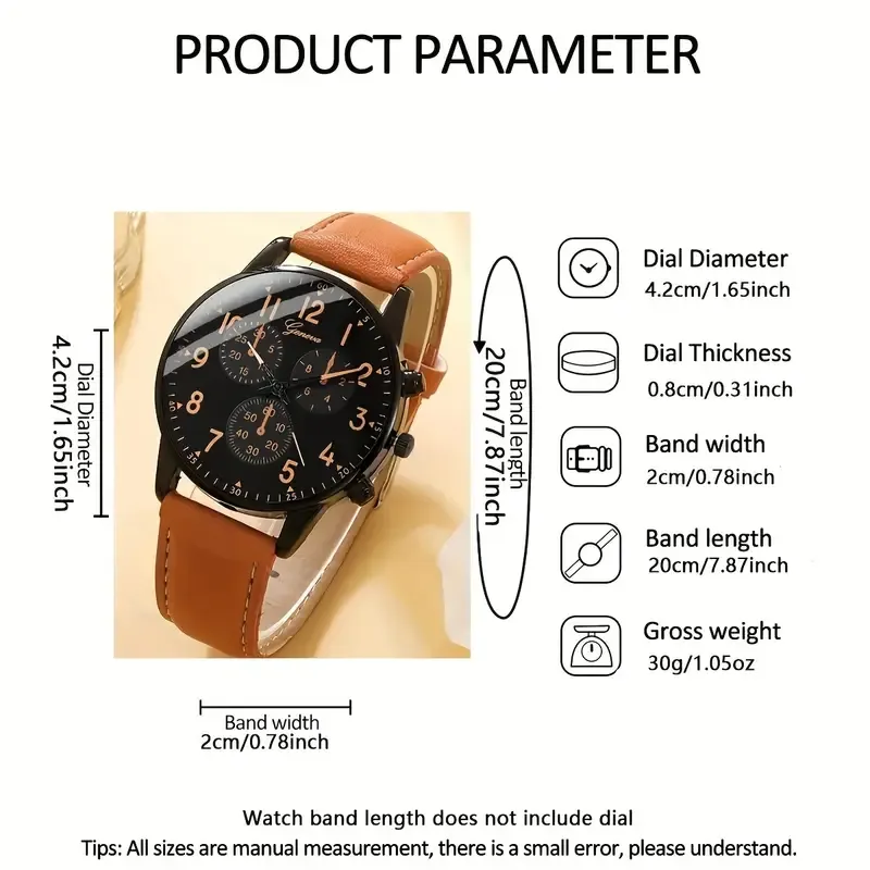 Men's Brown PU Strap Casual Quartz Watch and Bangle Set, Ideal For Gifts