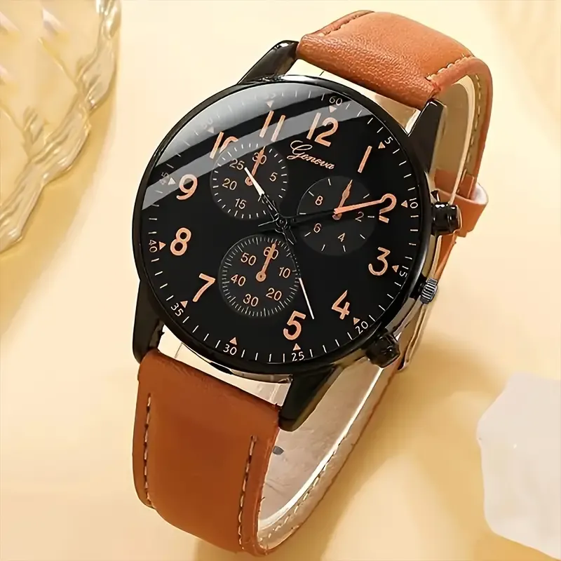 Men's Brown PU Strap Casual Quartz Watch and Bangle Set, Ideal For Gifts