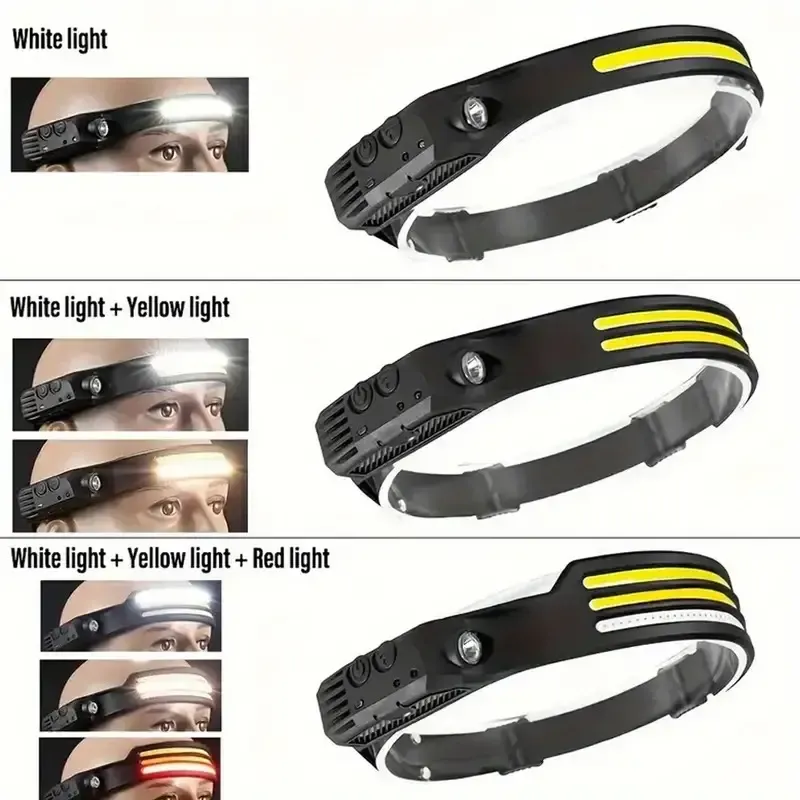A LEDCOB USB rechargeable headlight with sensor for climbing,  headbands, waterproof, portable emergency work light, suitable for running, fishing, camping, hiking, standard battery power, 400mAh lithium battery