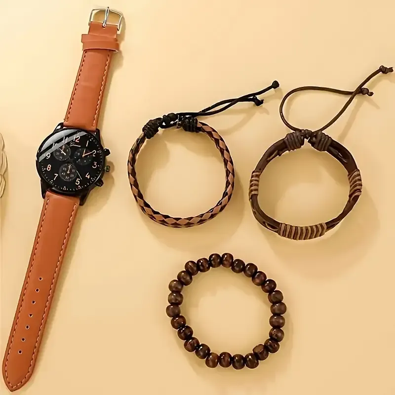 Men's Brown PU Strap Casual Quartz Watch and Bangle Set, Ideal For Gifts