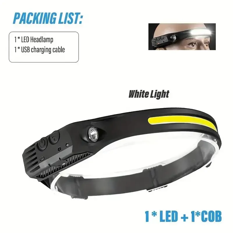 A LEDCOB USB rechargeable headlight with sensor for climbing,  headbands, waterproof, portable emergency work light, suitable for running, fishing, camping, hiking, standard battery power, 400mAh lithium battery