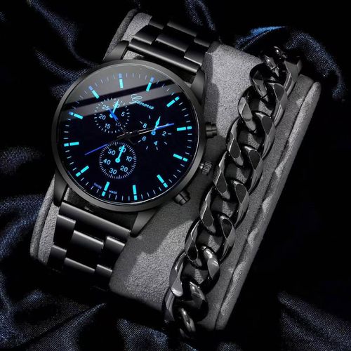 Men's Brown PU Strap Casual Quartz Watch and Bangle Set, Ideal For Gifts