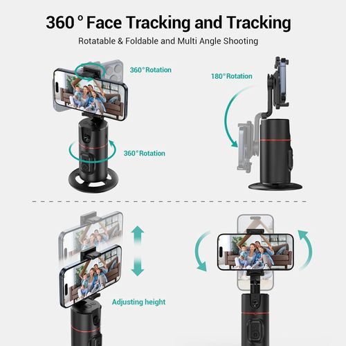 Auto Face Tracking Phone Holder, No App Required, 360° Rotation Face Body Phone Tracking Tripod Smart Shooting Camera Mount for Live Vlog Streaming Video