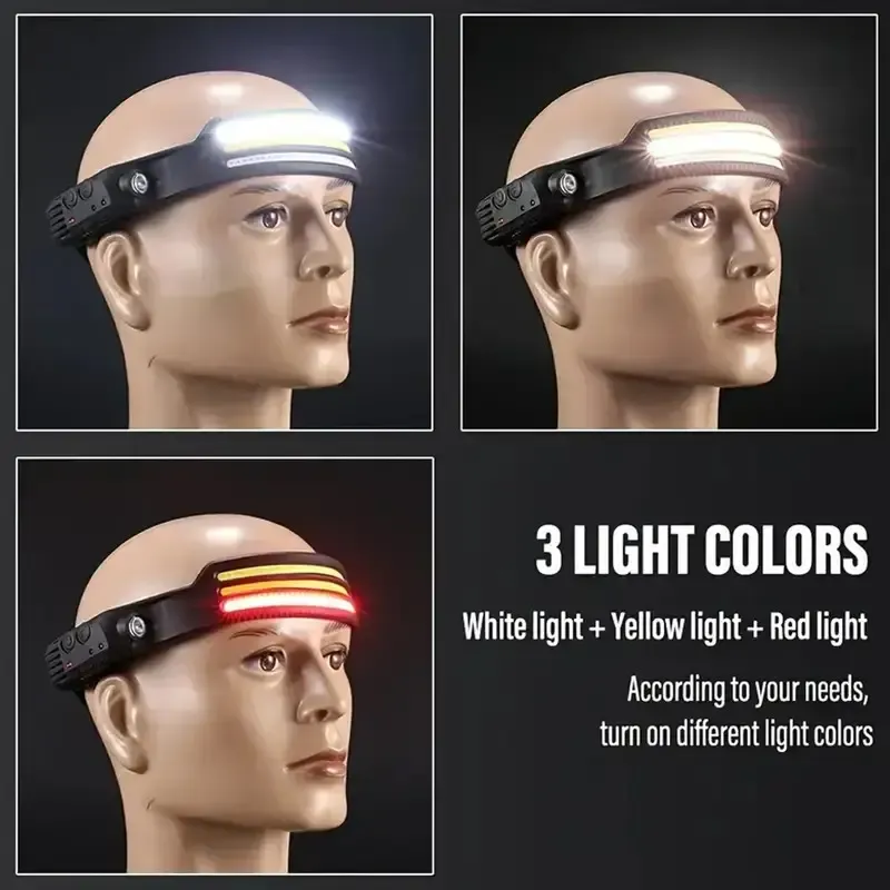 A LEDCOB USB rechargeable headlight with sensor for climbing,  headbands, waterproof, portable emergency work light, suitable for running, fishing, camping, hiking, standard battery power, 400mAh lithium battery