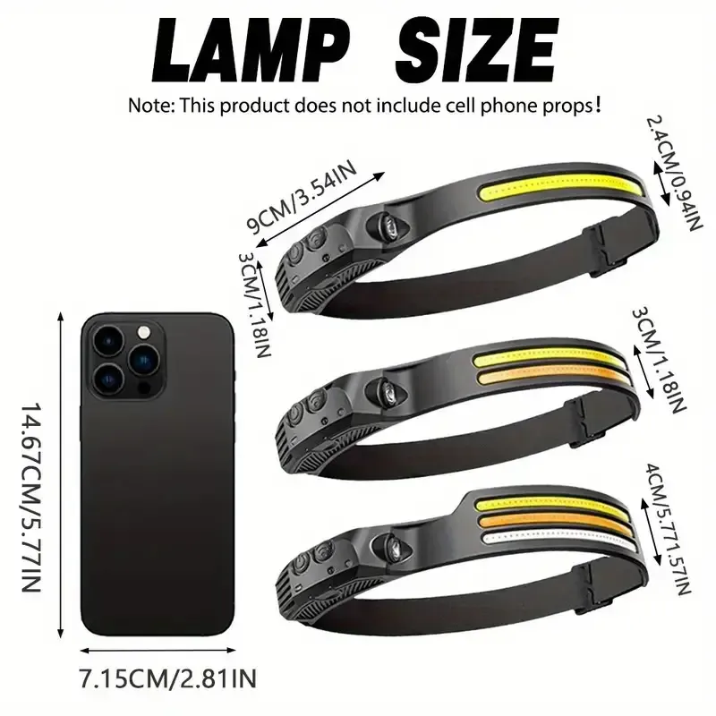 A LEDCOB USB rechargeable headlight with sensor for climbing,  headbands, waterproof, portable emergency work light, suitable for running, fishing, camping, hiking, standard battery power, 400mAh lithium battery