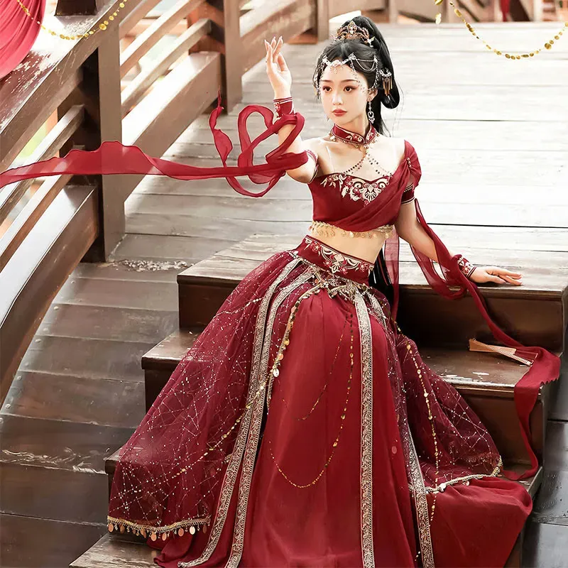 Vintage Embroidery Sleeve Sequin Hanfu Costume Four Pieces