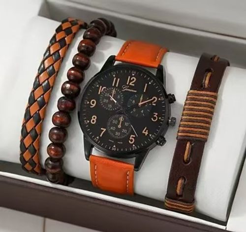 Men's Brown PU Strap Casual Quartz Watch and Bangle Set, Ideal For Gifts