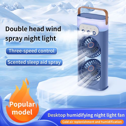 Ventilador de spray de umidificação de cabeça dupla, bateria de longa duração, grande volume de neblina, ventilador de vento externo de mesa