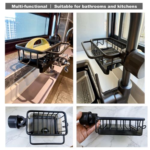 Sink Organizer Rack,Hanging Faucet Drain Rack with Drip Tray , Stainless Steel Detachable Sink Faucet Sponge Holder Over Faucet for Kitchen and Bathroom,Scrubbers, Soap,Brush
