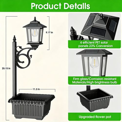 2-in-1 Planter + Light Solar Lamp Post, Outdoor Waterproof Solar Garden Lights, Auto-On Sensor, IP44 Rating Handles Outdoor Weather, Mounts on Wall-Spikes-Flat Surfaces, Bulb-Swap Compatible, Christmas Decor with Drain Hole,home decor