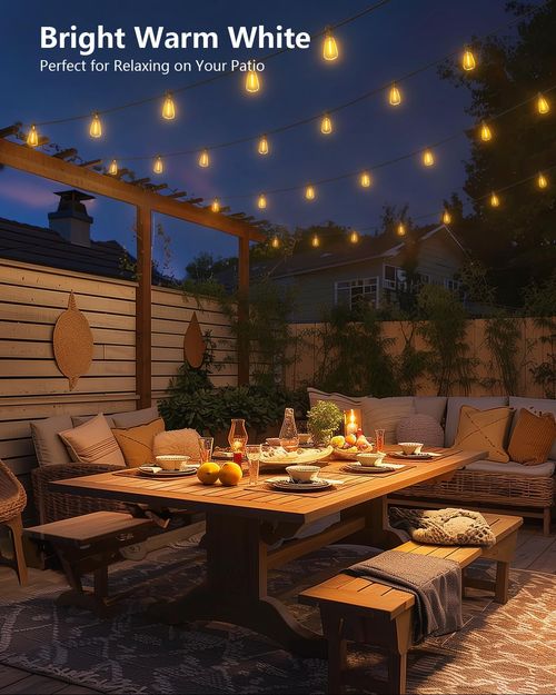 50ft Solar String Lights, LED Outdoor Waterproof, Shatterproof LED Bulbs, Remote-Controlled Adjustable Solar-Powered Decking & Patio Lighting, Light Sensor-Activated, IR Remote Dimmable, Dusk-to-Dawn, Home Decor