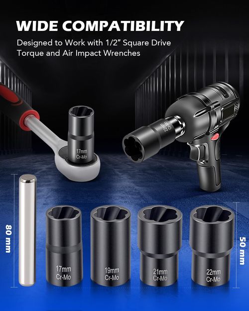 Lug Nut Remover, 5 Counts Wheel Lock Removal Kit, Drive Impact Bolt Nut Extractor for Removing Stripped, Damaged,