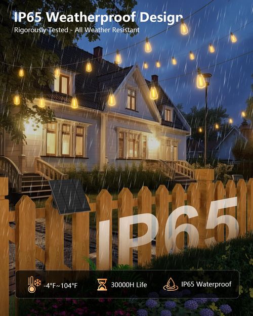 50ft Solar String Lights, LED Outdoor Waterproof, Shatterproof LED Bulbs, Remote-Controlled Adjustable Solar-Powered Decking & Patio Lighting, Light Sensor-Activated, IR Remote Dimmable, Dusk-to-Dawn, Home Decor