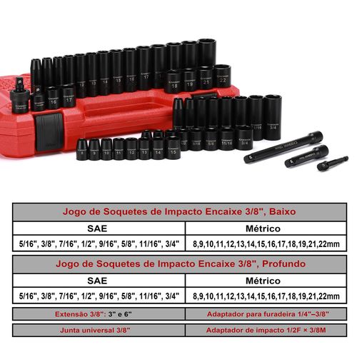 Drive Impact Socket Set, 3/8", 49 Piece Standard SAE and Metric Sizes (5/16-Inch to 3/4-Inch and 8-22 mm), 6 Point, Cr-V Steel Socket Set